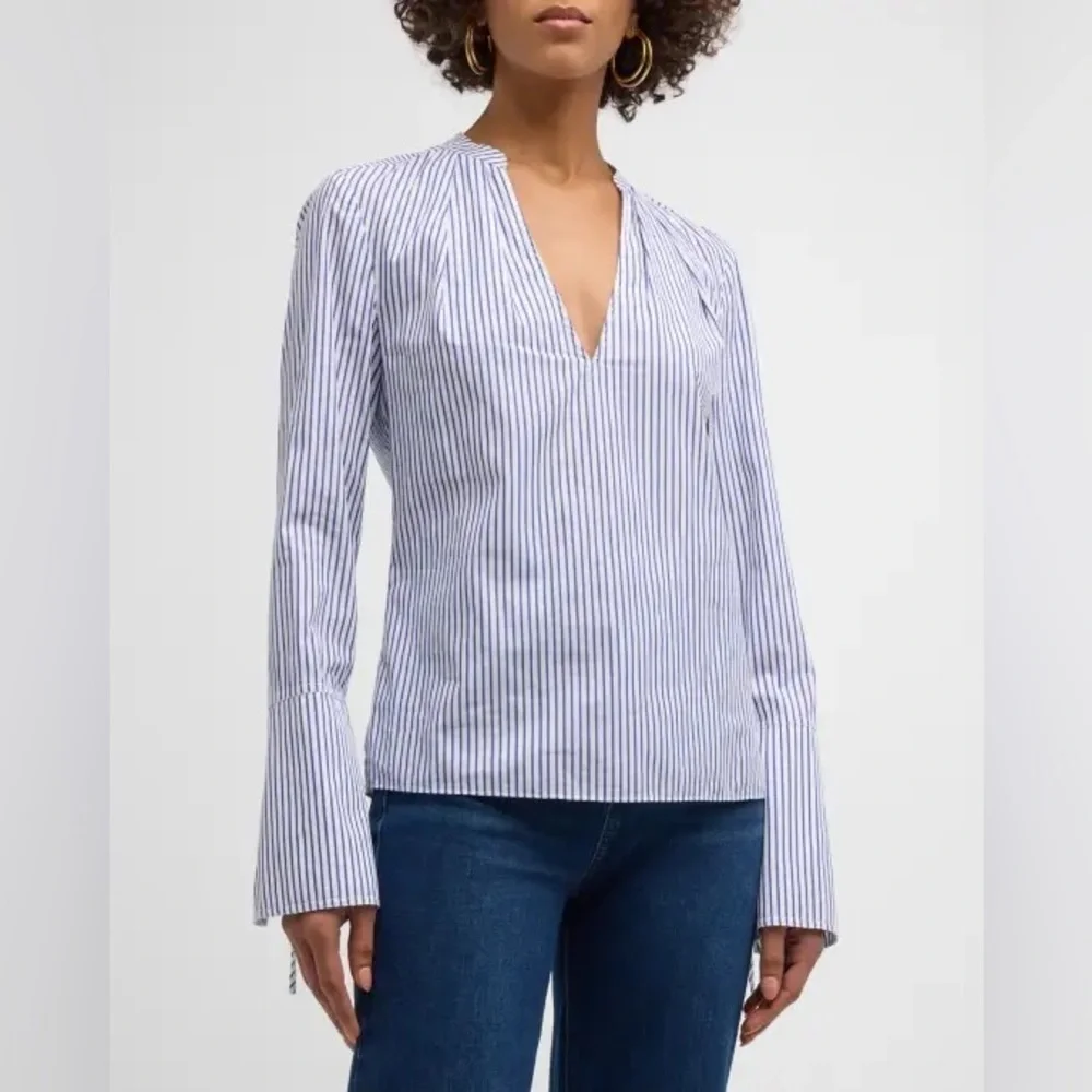J. Crew Navy Deep V-Neck Bell Sleeve Striped Blouse 000